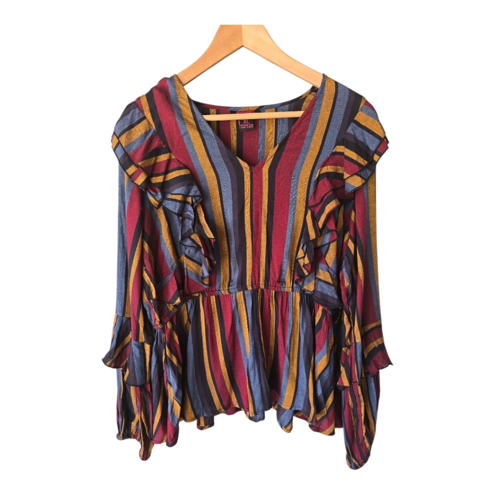Rock & Roll Cowgirl Blouse XL Women Long Sleeve Ruffle Sides Striped Colorful